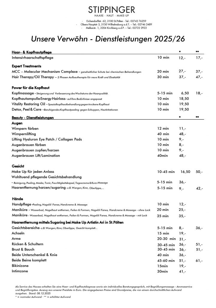 Friseur Stippinger Preisliste Teil 2 - 2025-2026