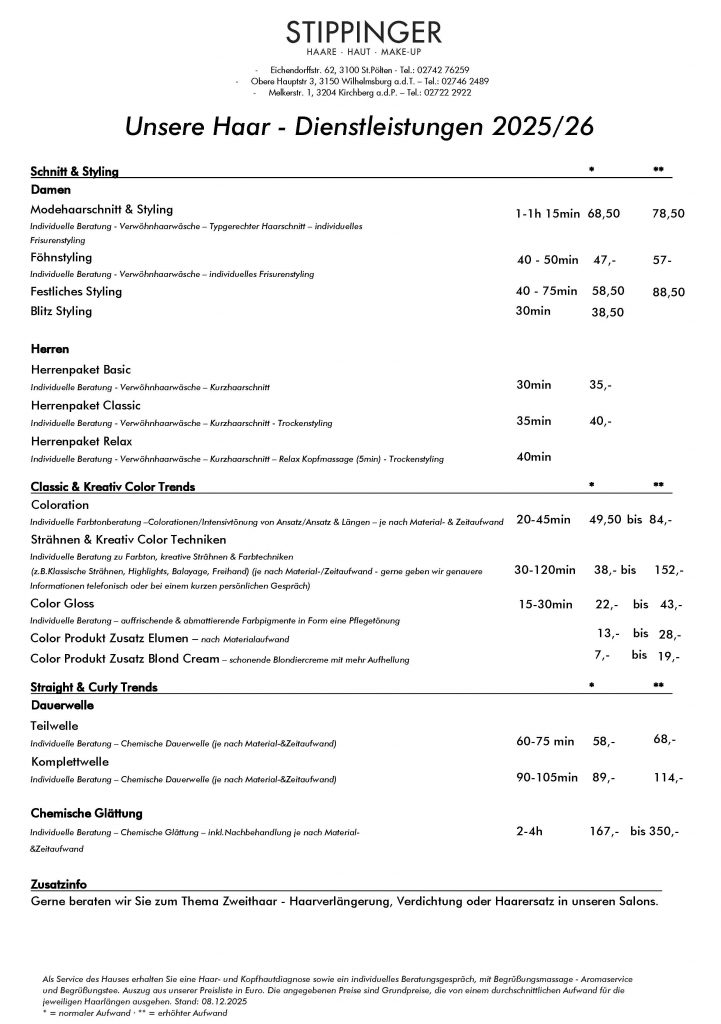 Friseur Stippinger Preisliste 2025-2026